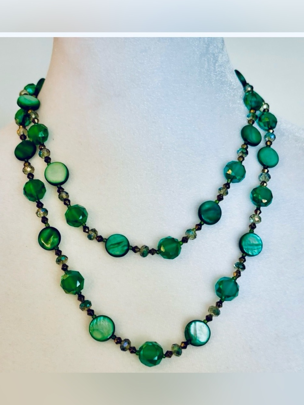 Green Beaded Layered Necklace 40” Long Boho Statement Jewelry